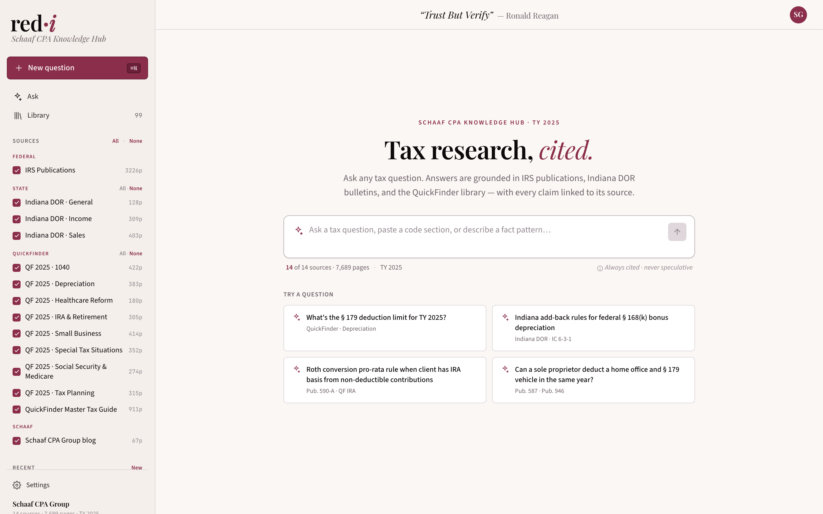 redi — Schaaf CPA Knowledge Hub: tax research with cited answers