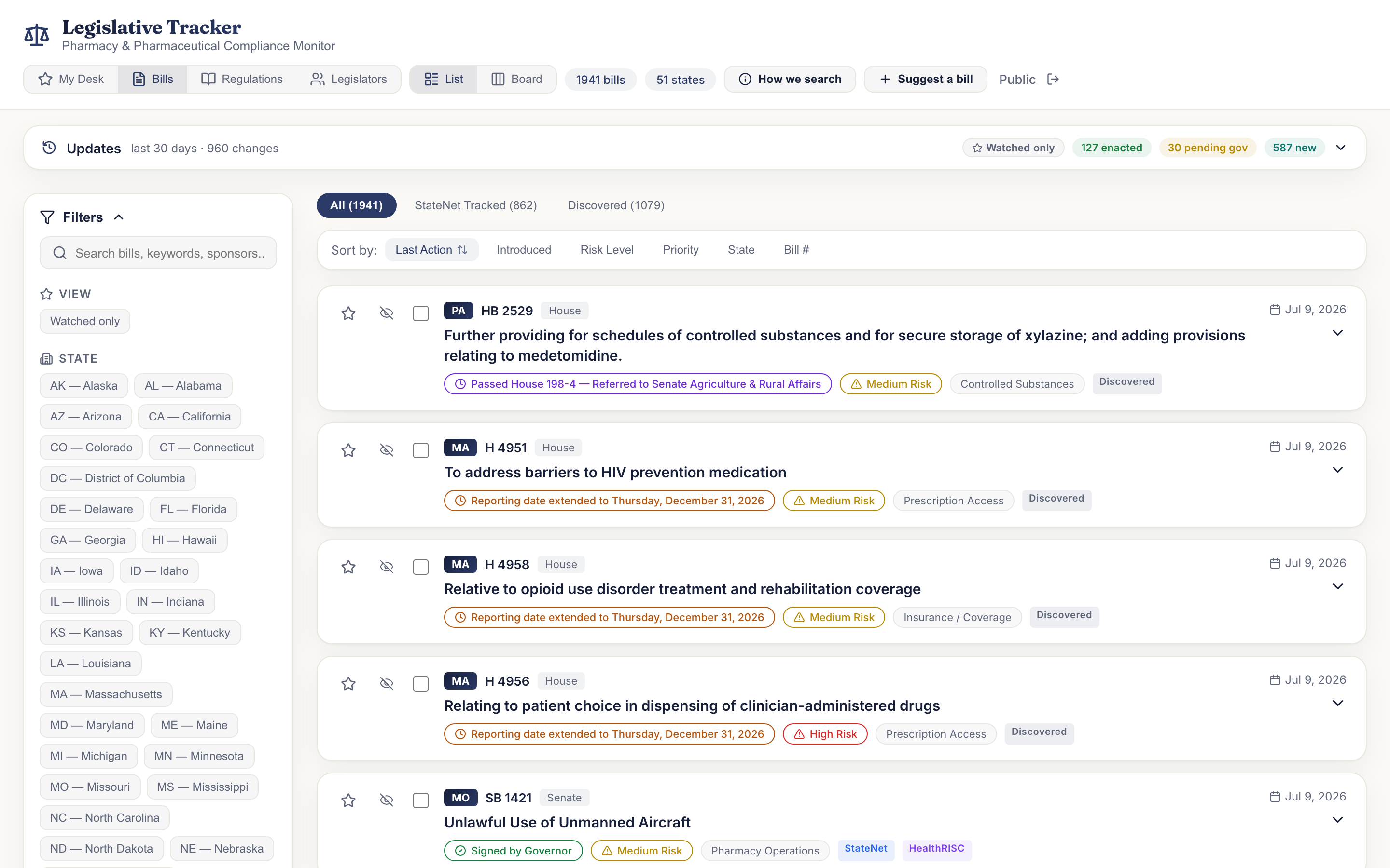 Legislative Tracker — pharmacy compliance monitor across 51 states